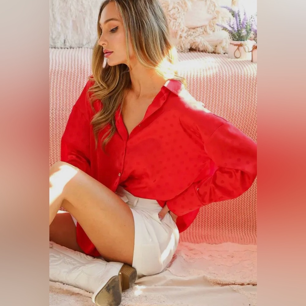 Red polka dot satin button down blouse NWT